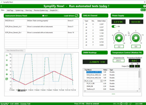 Symplify Now user interface with control and measurements